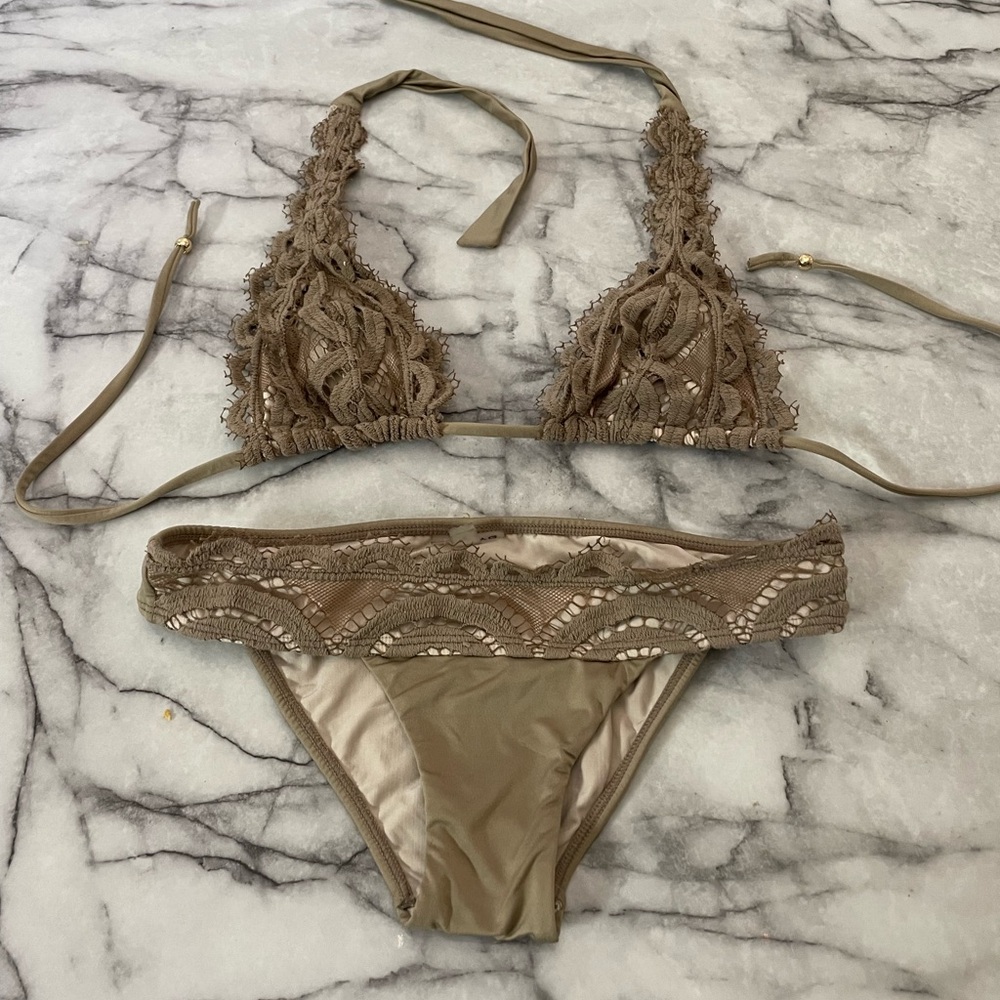 Lace Trim Tan Bikini Set Pily Q